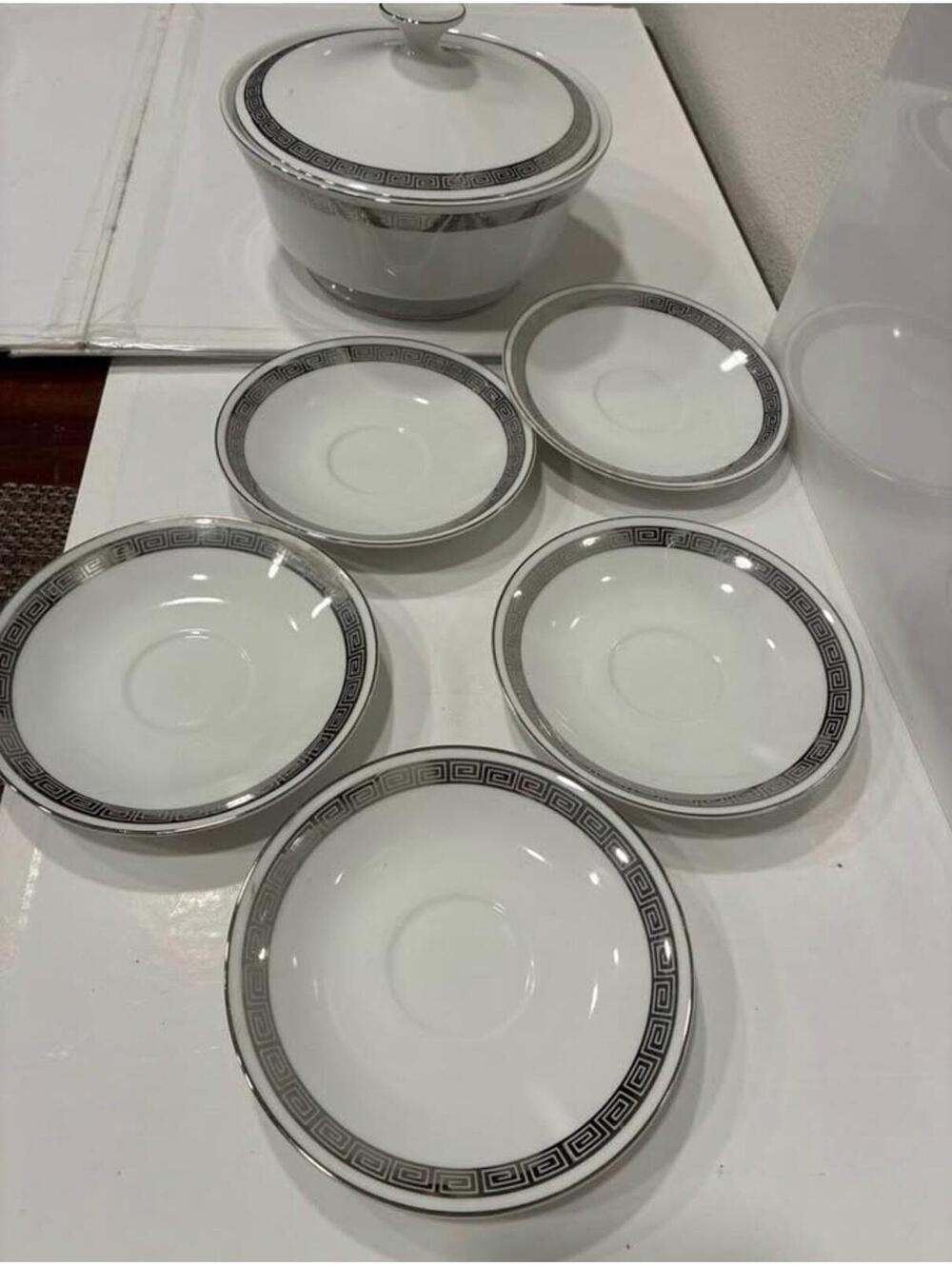 Harmony House China Romaic pattern covered casserole dish and saucer set